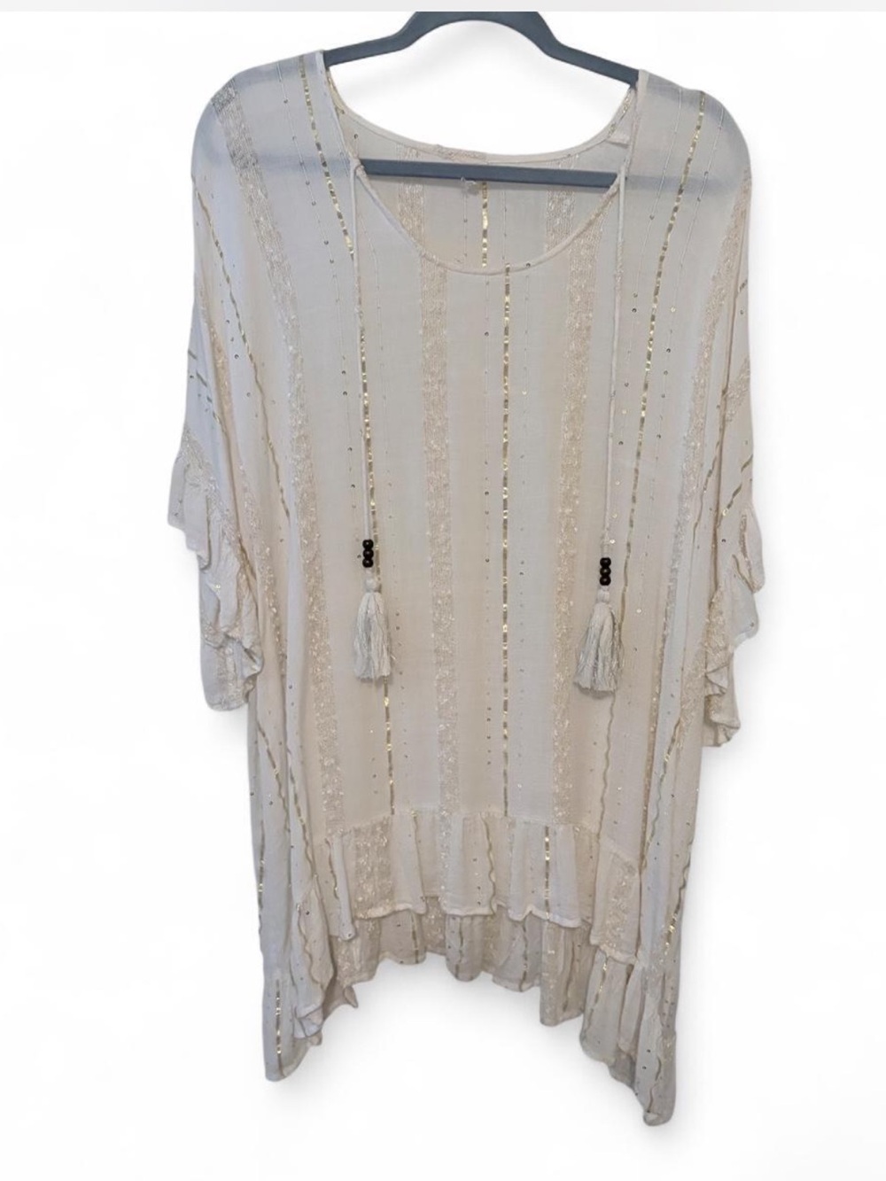 Surf Gypsy Cream Tassel-Trim Metallic Stripe Tunic